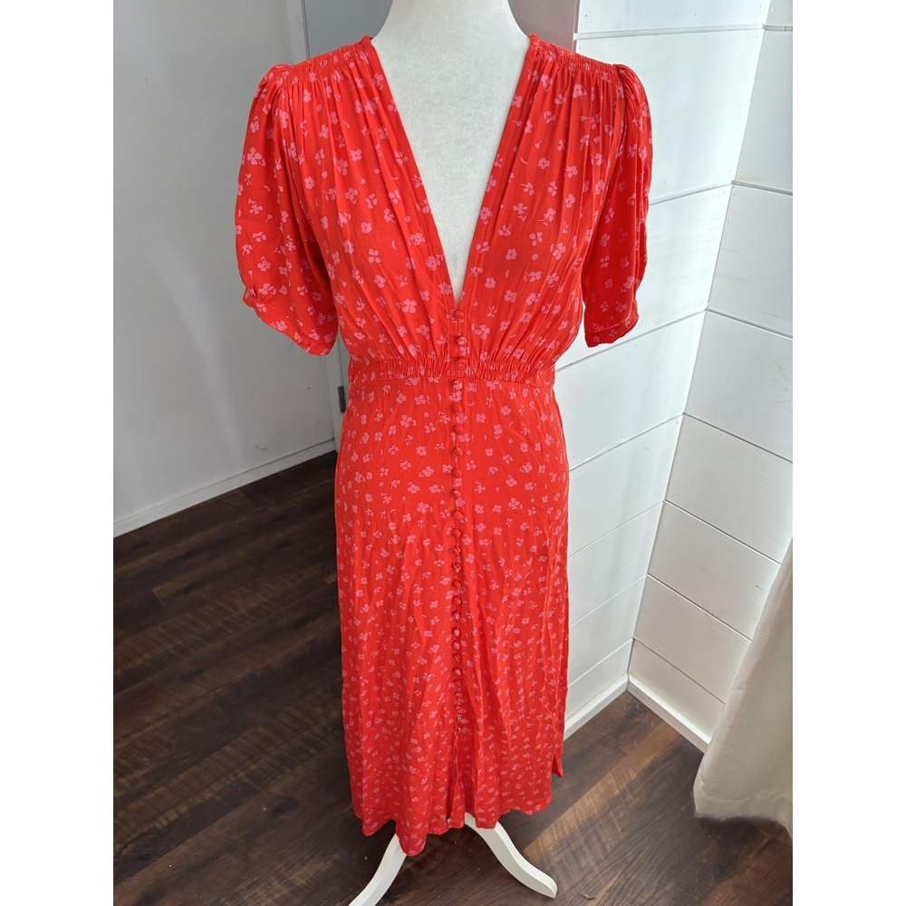 Faithfull The Brand Dress Womens‎ XS Red Floral V Neck Puff Sleeve Maxi Sundress